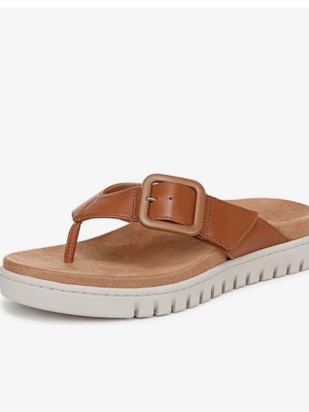 Vionic Tan Leather Uptown Mari   Leather Buckle Thong Sandal with White Sole